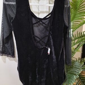 Chic Black Velvet Bodysuit with Sheer Sleeves